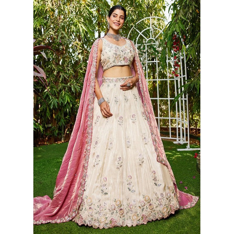 Cream with Pink Dupatta Embroidered Designer Lehenga Choli