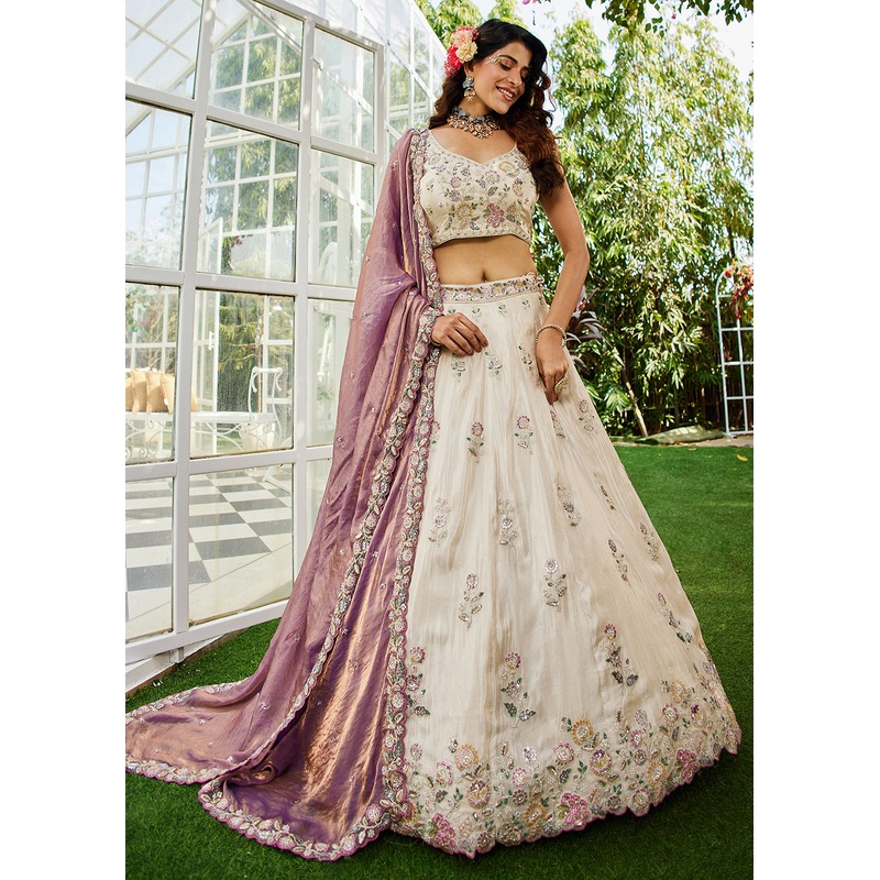 Cream with Purple Dupatta Embroidered Designer Lehenga Choli