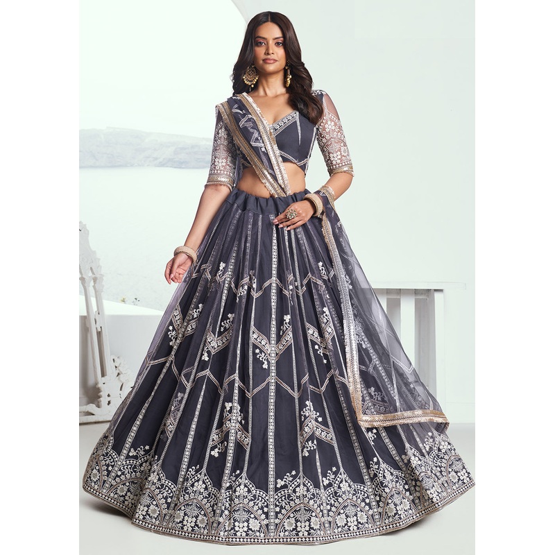 Dark Grey Net Embroidered Wedding Festive Lehenga Choli