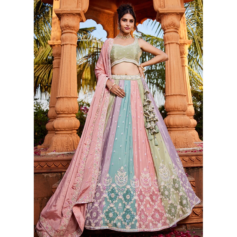 Embroidered Chiffon Multicolor Pink Wedding Lehenga Choli