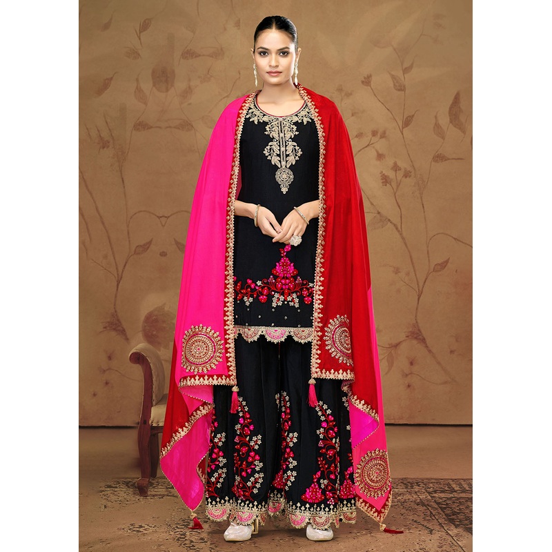 Fiber Chinnon Black Embroidered Palazzo Style Suit