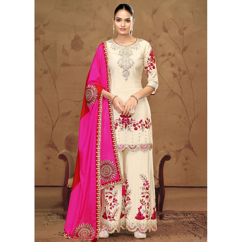Fiber Chinnon Off White Embroidered Palazzo Style Suit