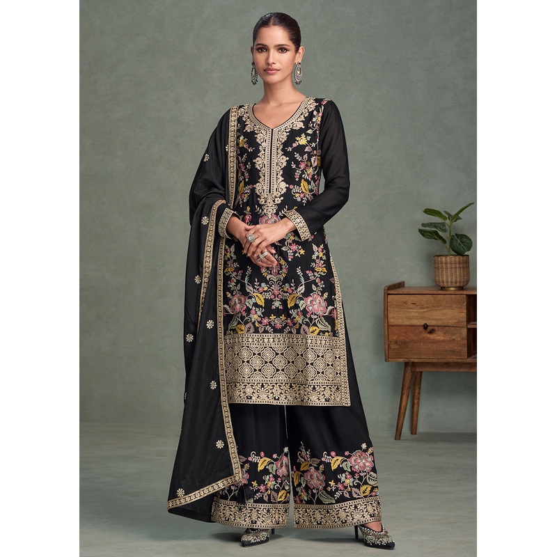 Floral Embroidered Black Chinnon Festive Palazzo Suit