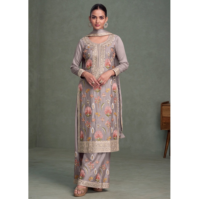 Floral Embroidered Grey Chinnon Festive Palazzo Suit
