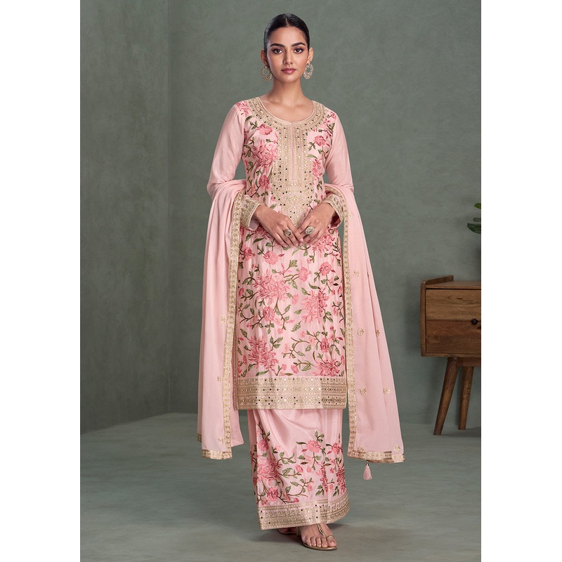 Floral Embroidered Pink Chinnon Festive Palazzo Suit