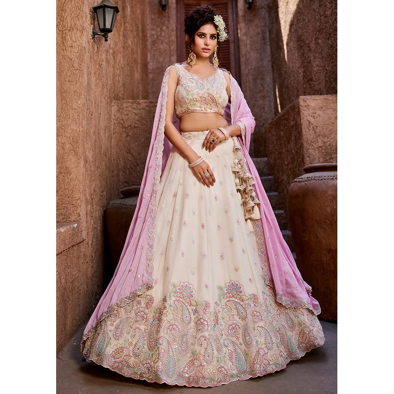 Georgette Cream Embroidered Wedding Wear Lehenga Choli