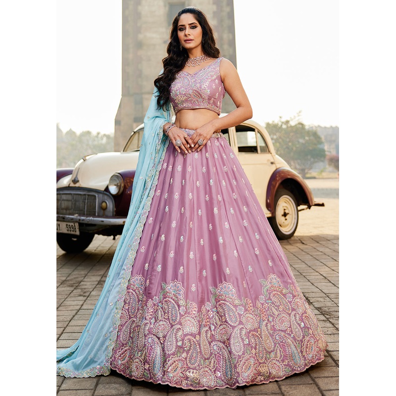 Georgette Lavender Embroidered Wedding Wear Lehenga Choli