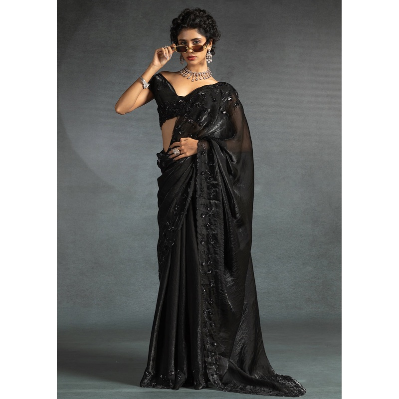 Gleaming Black Cutdana Work Designer Party Wear Saree