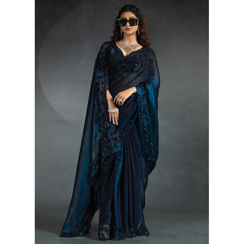 Gleaming Blue Cutdana Work Designer Party Wear Saree