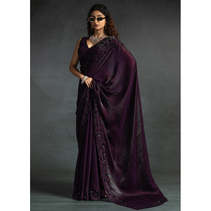 Gleaming Purple Cutdana Work Designer Party Wear Saree