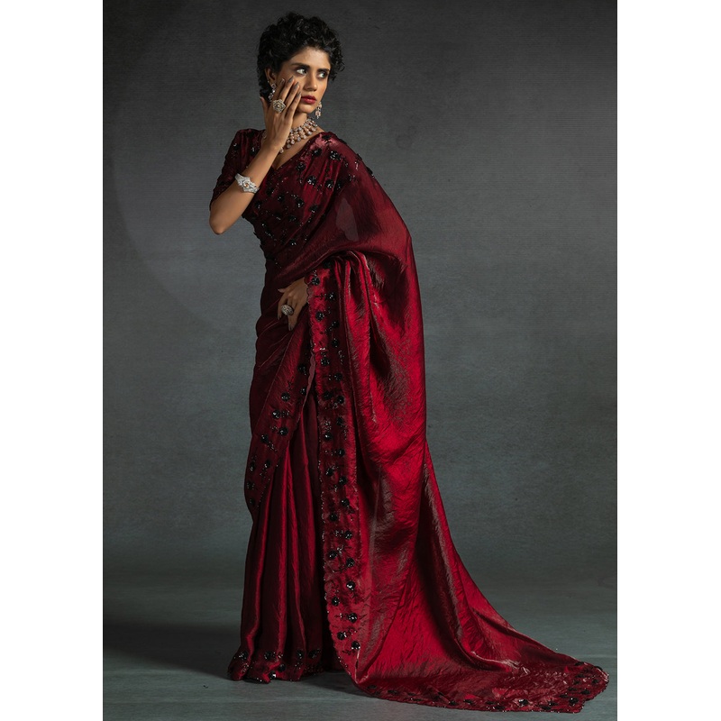 Gleaming Red Cutdana Work Designer Party Wear Saree