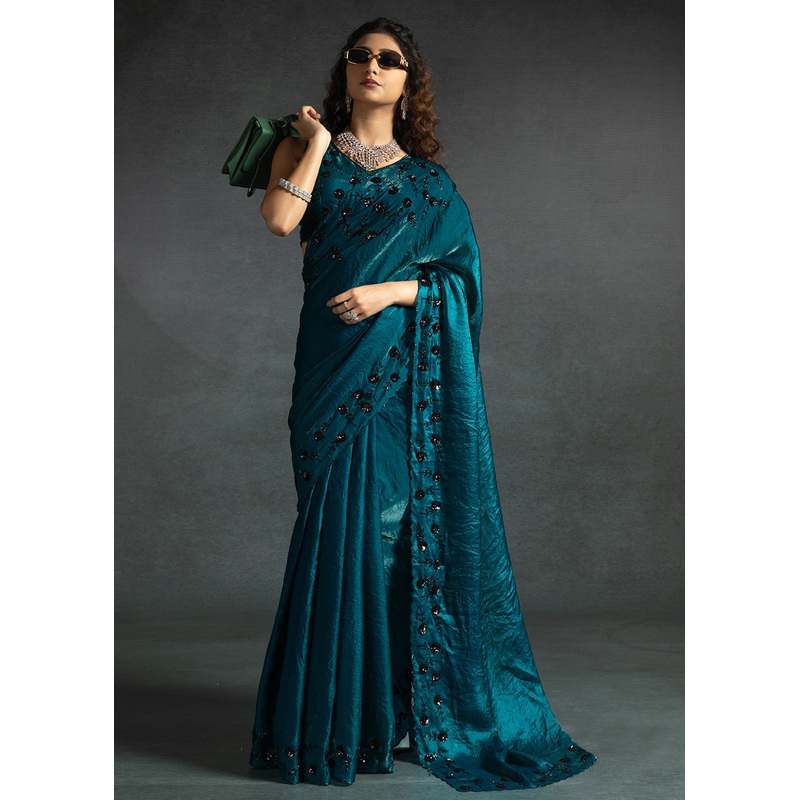Gleaming Teal Cutdana Work Designer Party Wear Saree