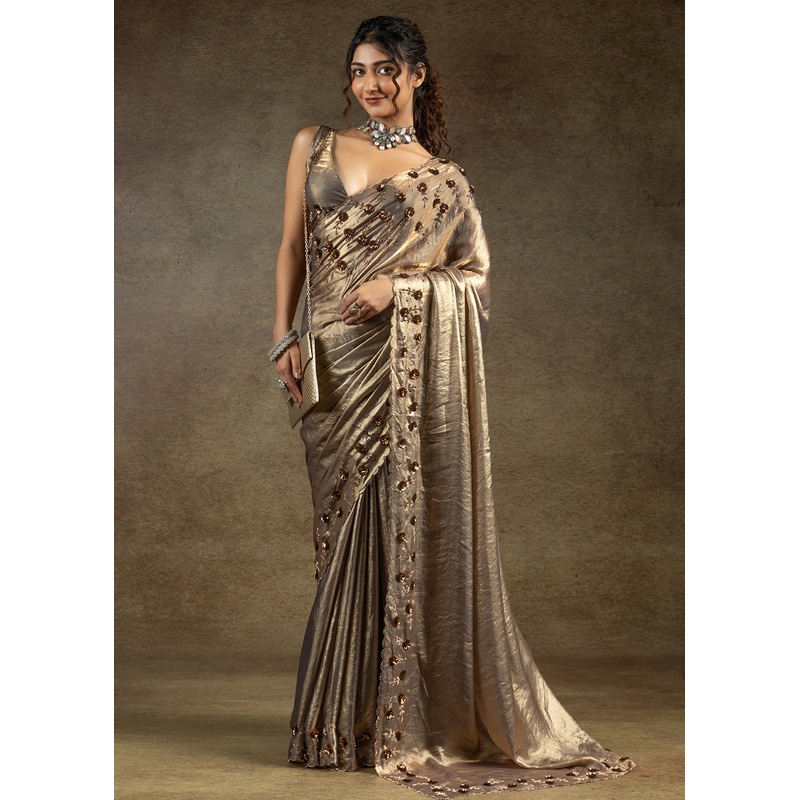 Gold Zarkan Work Embroidered Designer Party Wear Saree