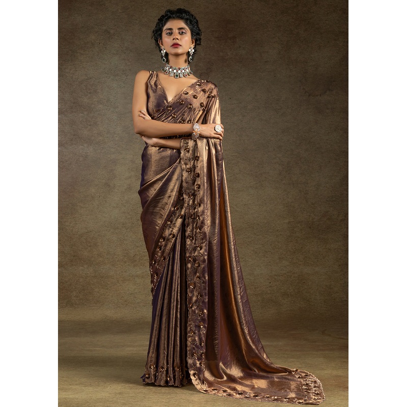 Golden Zarkan Work Embroidered Designer Party Wear Saree