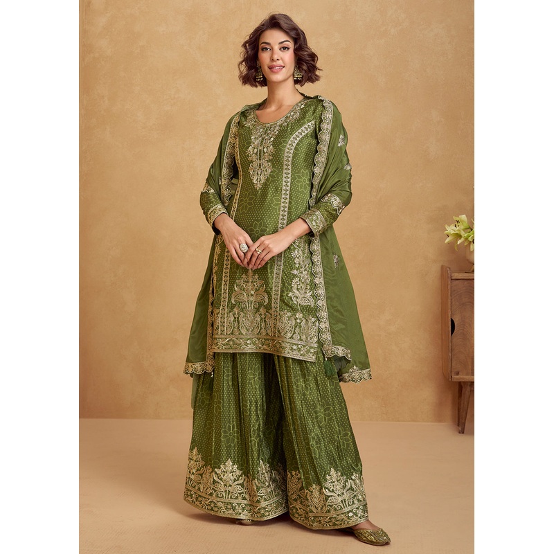 Green Embroidered Palazzo Dress for Festival & Wedding