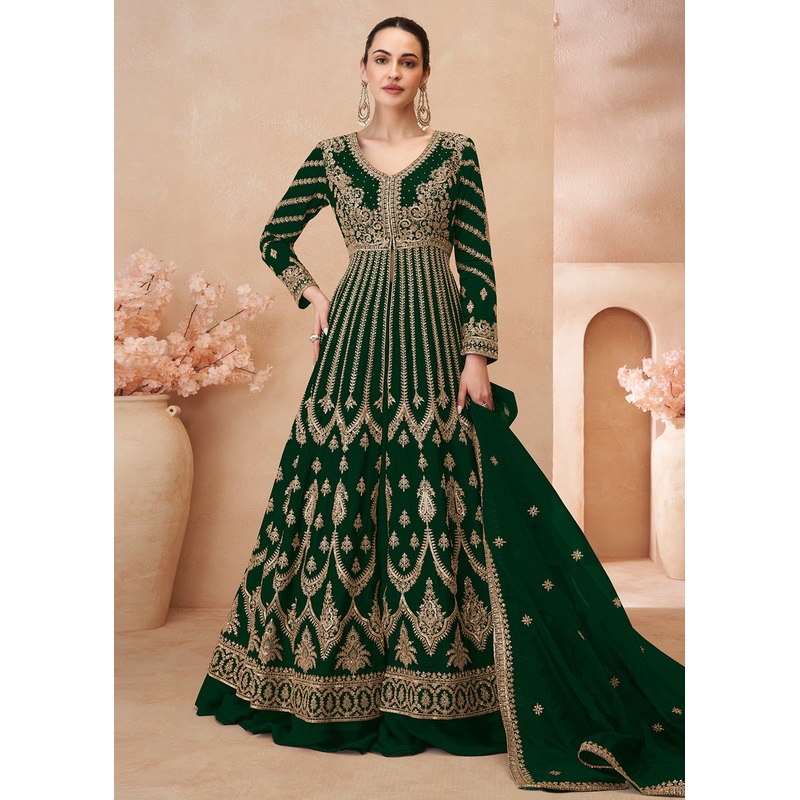Green Embroidered Slitted Skirt Style Anarkali Suit