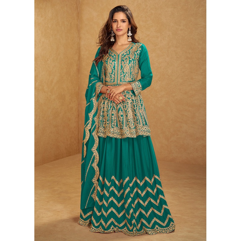 Green Mirror & Sequins Embroidered Festive Lehenga Skirt Suit