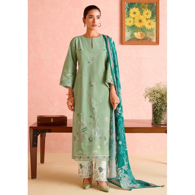 Green Pure Lawn Resham Embroidered Festive Salwar Kameez