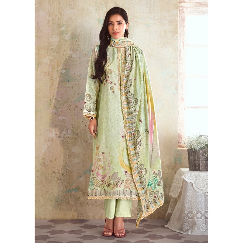 Green Pure Linen Printed & Embroidered Pant Style Suit