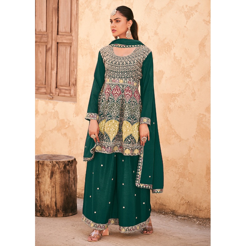 Green Wedding Wear Embroidered Palazzo Style Suit