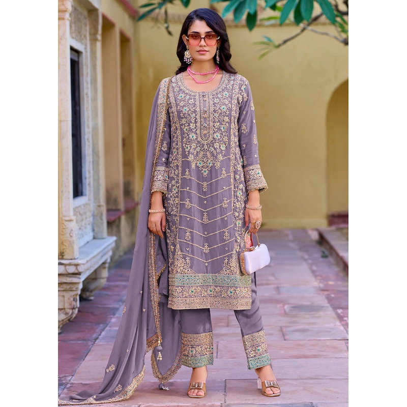 Heavy Chinnon Embroidered Lavender Palazzo Suit for Weddings