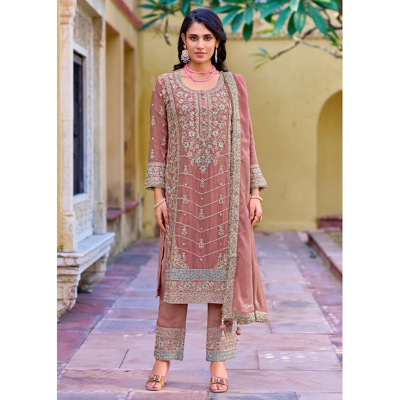 Heavy Chinnon Embroidered Pink Palazzo Suit for Weddings