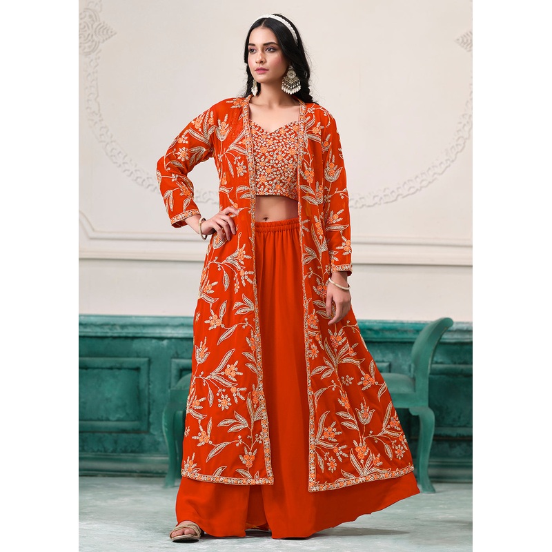 Indo Western Orange Embroidered Jacket Style Sharara Suit