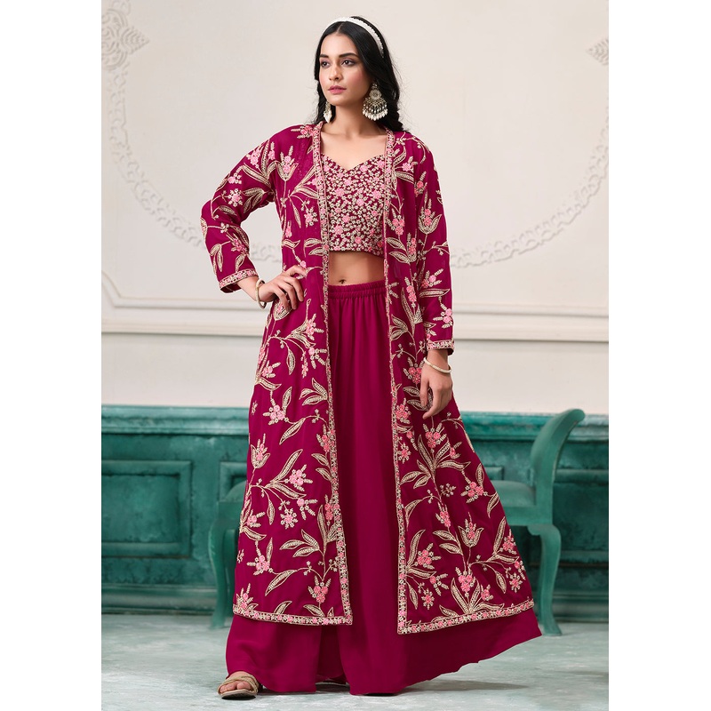 Indo Western Pink Embroidered Jacket Style Sharara Suit