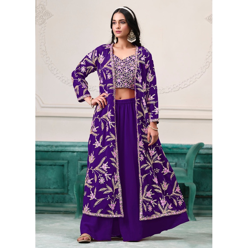 Indo Western Purple Embroidered Jacket Style Sharara Suit