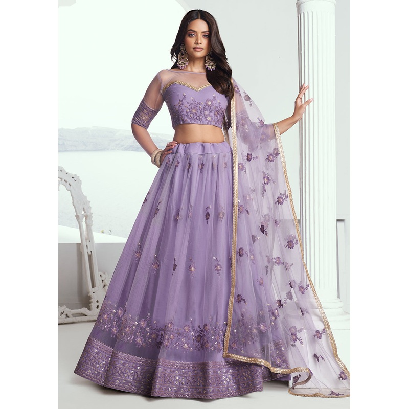 Lavender Net Embroidered Wedding Festive Lehenga Choli