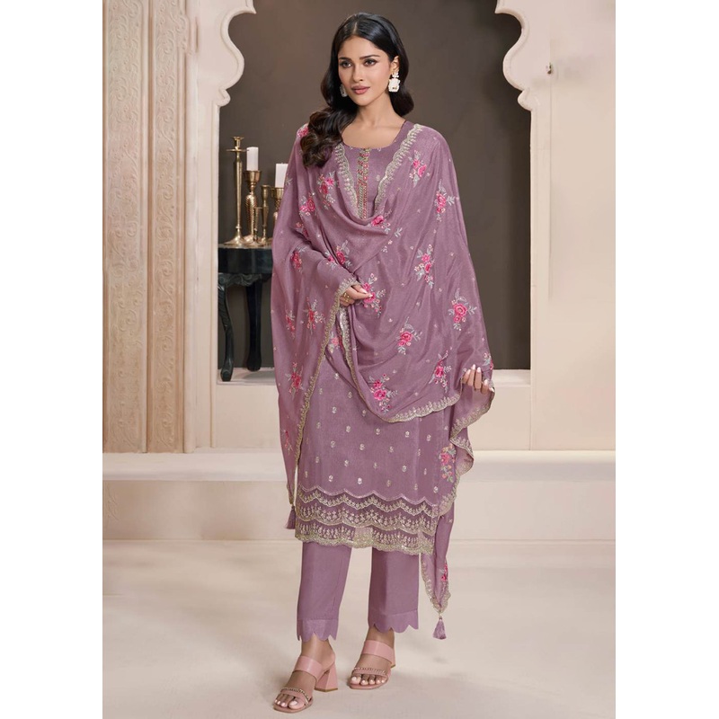 Lilac Moonga Silk Embroidered Festive Style Salwar Suit
