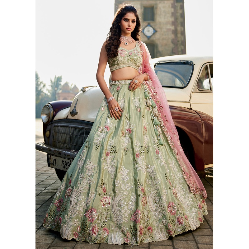 Lime Green Satin Silk Embroidered Designer Lehenga Choli