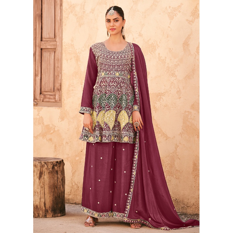 Maroon Wedding Wear Embroidered Palazzo Style Suit