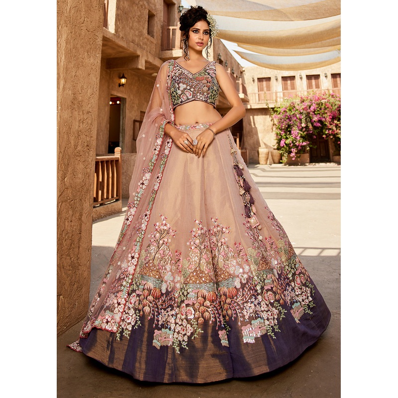 Multi Purple & Cream Embroidered Wedding Lehenga Choli