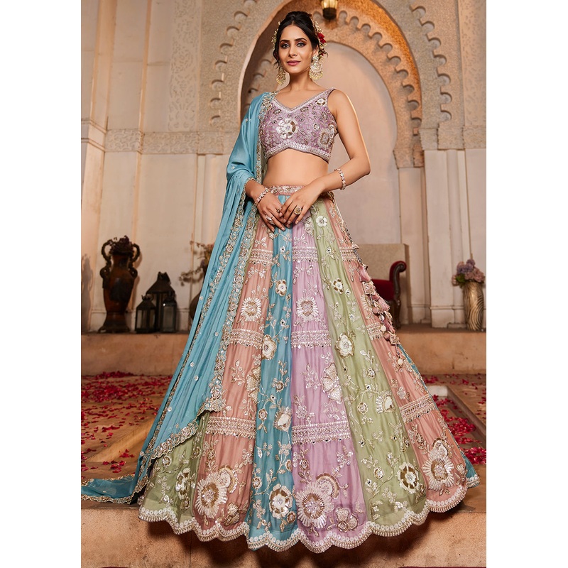 Multicolor Turquoise Pure Georgette Wedding Lehenga Choli