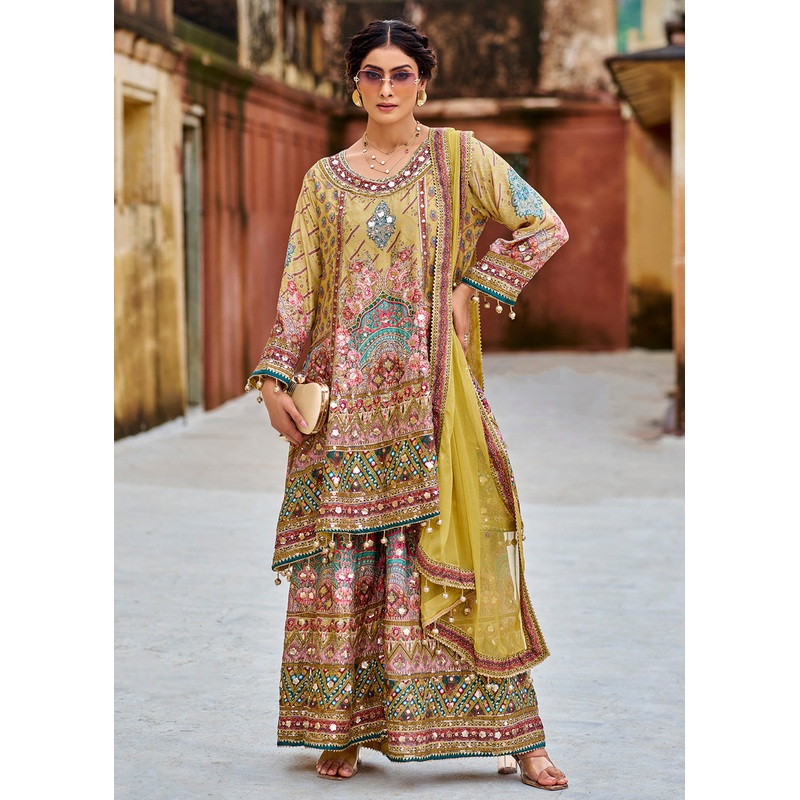 Mustard Embellished Heavy Chinnon Palazzo Style Suit