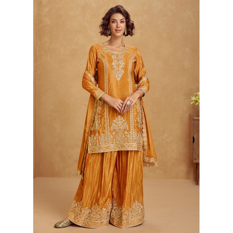 Mustard Embroidered Palazzo Dress for Festival & Wedding