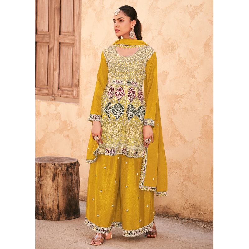 Mustard Wedding Wear Embroidered Palazzo Style Suit