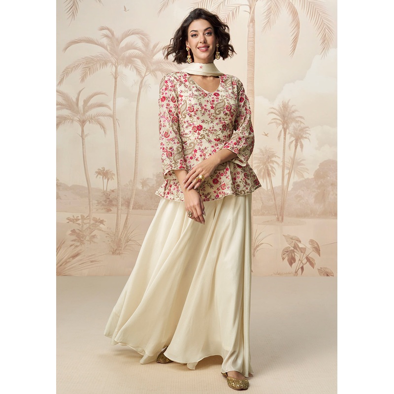 Off White Digital Printed & Embroidered Palazzo Style Suit