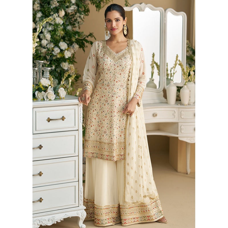 Off White Heavy Embroidered Wedding Wear Palazzo Suit