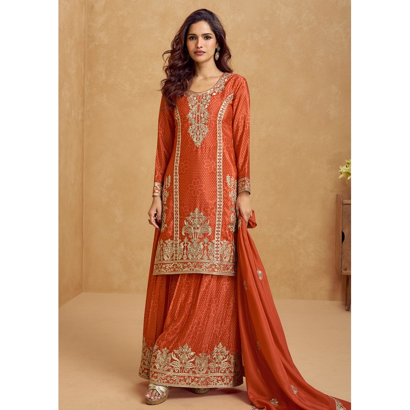 Orange Embroidered Palazzo Dress for Festival & Wedding