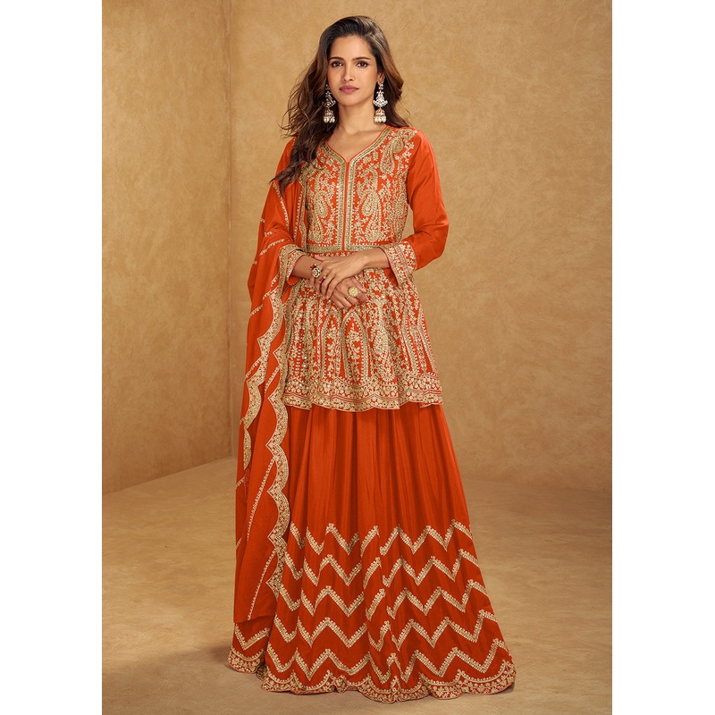 Orange Mirror & Sequins Embroidered Festive Lehenga Skirt Suit