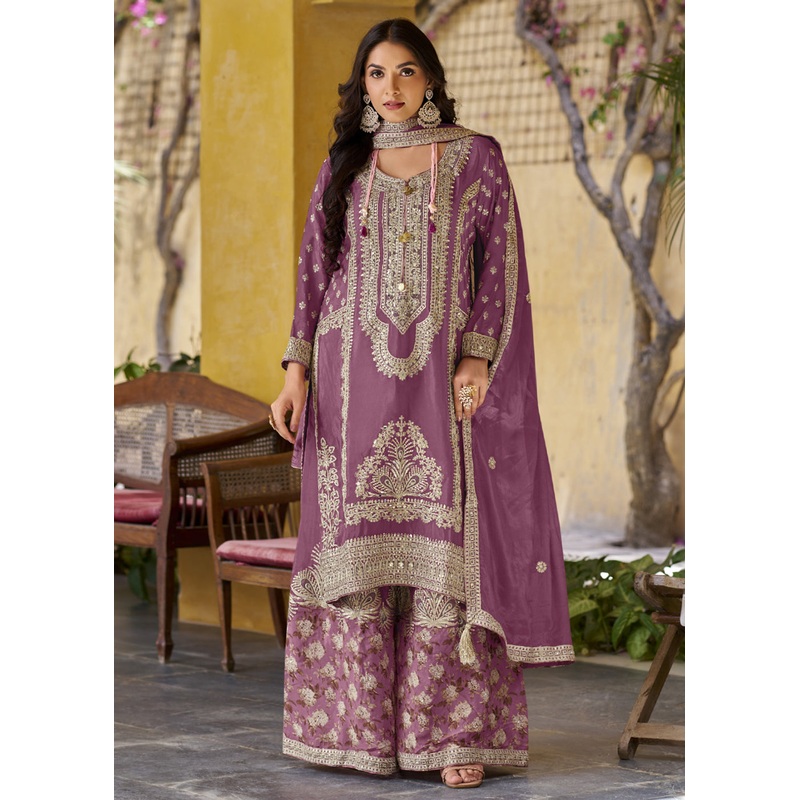 Palazzo Style Mauve Pink Embroidered Festive Wear Suit
