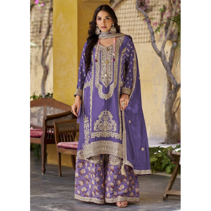 Palazzo Style Purple Embroidered Festive Wear Suit