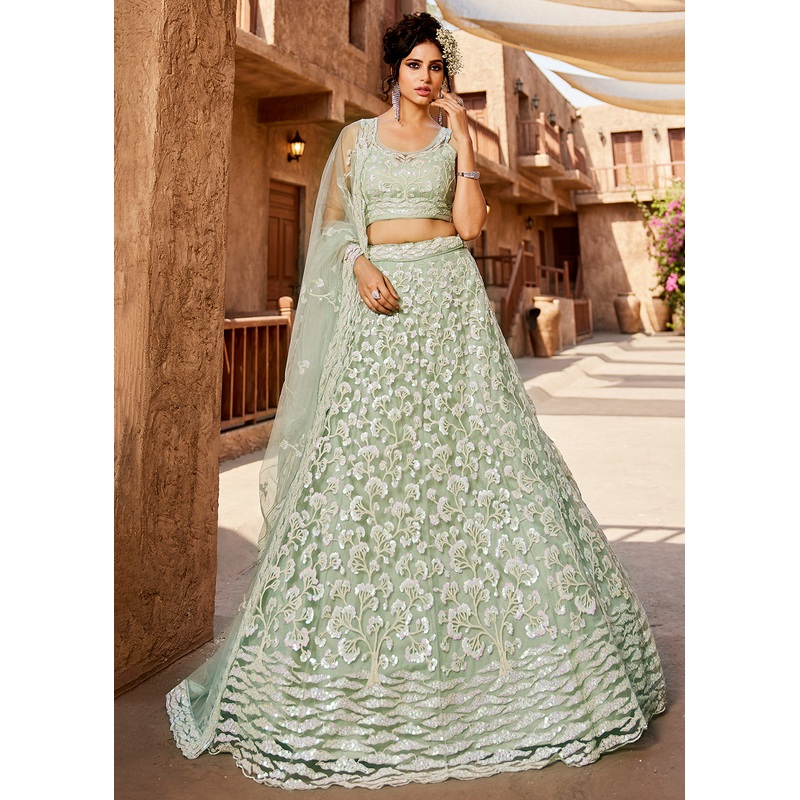 Pastel Green Embroidered Net Wedding Wear Lehenga Choli