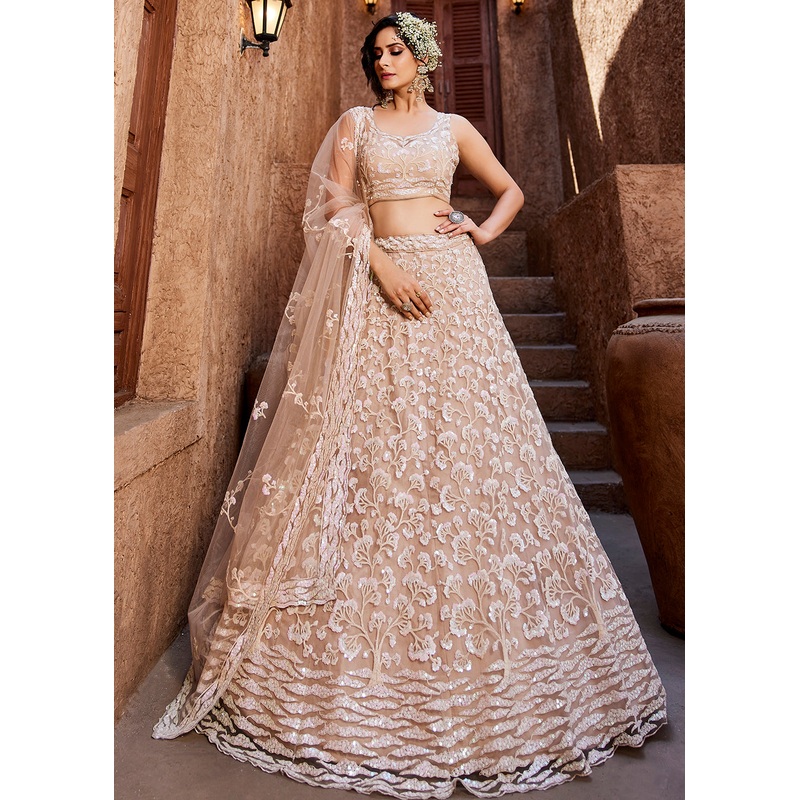 Pastel Pink Embroidered Net Wedding Wear Lehenga Choli