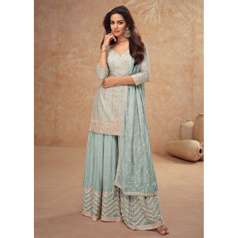 Pastel Style Blue Embroidered Palazzo Dress for Weddings