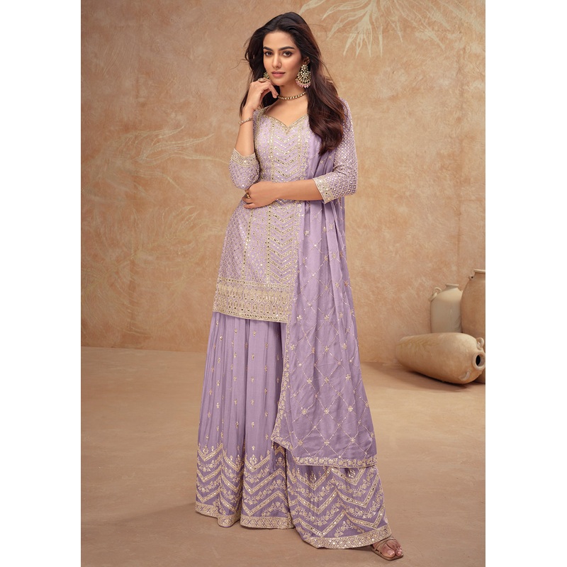 Pastel Style Lavender Embroidered Palazzo Dress for Weddings