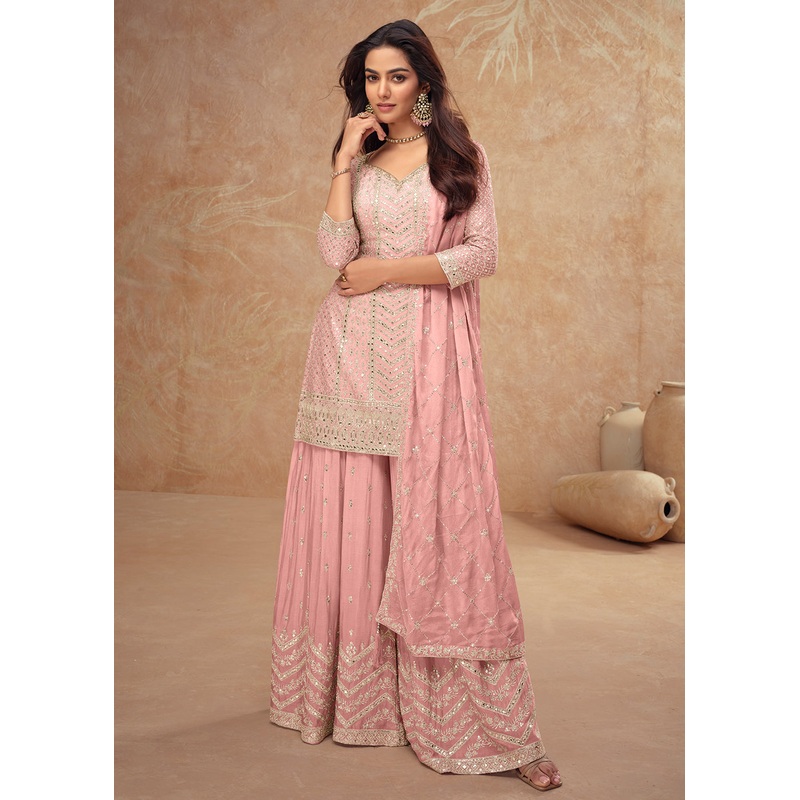 Pastel Style Pink Embroidered Palazzo Dress for Weddings