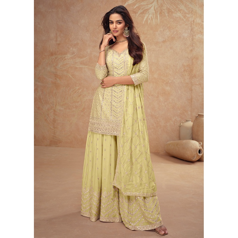 Pastel Style Yellow Embroidered Palazzo Dress for Weddings